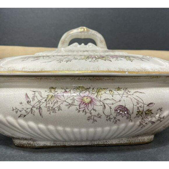 T.E.P.P. Co. Antique White Ironstone Covered Dish Tureen Crazed Stained Floral - Picture 6 of 16